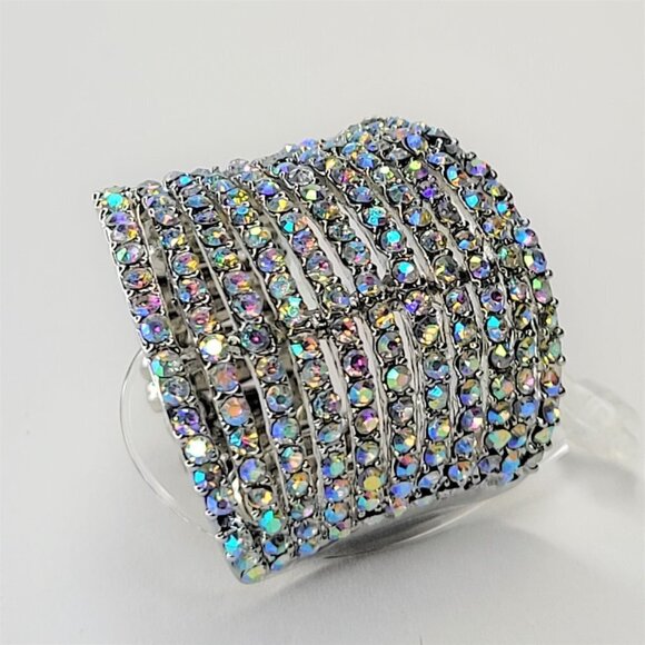 Rhinestone Ring Stretch Adjustable Ring with Aurora Borealis Rhinestones - Picture 8 of 16